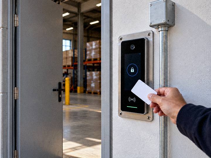 Lector de control de accesos junto a la puerta de entrada de un edificio
