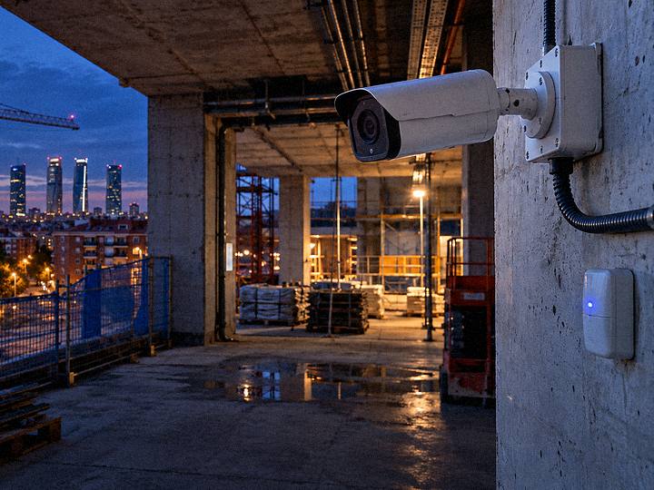 Cámara de vigilancia instalada en una obra en construcción al anochecer