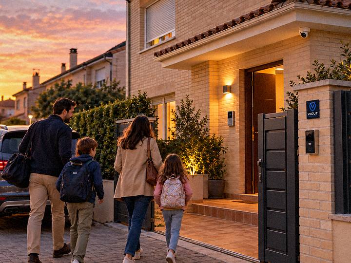 Familia entrando en su chalet al atardecer, con cámara de seguridad y placa de VICUT en la cancela