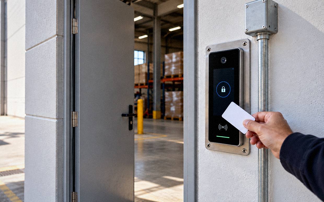 Persona acercando una tarjeta a un lector de control de accesos en la puerta de una nave