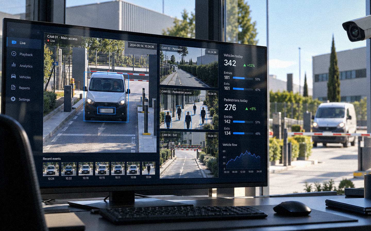 Puesto de control con cuatro cámaras en directo y analítica de vehículos y peatones en pantalla